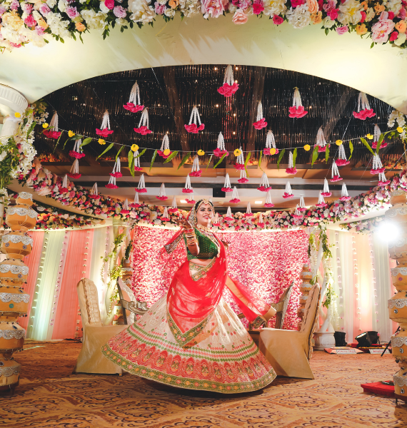 Entrance to Asian Banquets decorated for an event with pink and purple lighting and drapery